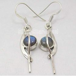SilverStarJewel 925 Solid Sterling Silver Cabochon Labradorite Earrings 1.8'' Fashion Stone
