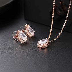 CZ Teardrop Necklace and Stud Earrings Set 14K White Gold Plated Wedding Jewelry for Bridal