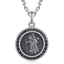 VENICEBEE Saint Christopher Medal Solid 925 Sterling Silver Pendant Necklace with Chain Black Pouch Polishing Cloth Gift Box