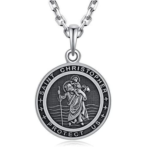 VENICEBEE Saint Christopher Medal Solid 925 Sterling Silver Pendant Necklace with Chain Black Pouch Polishing Cloth Gift Box