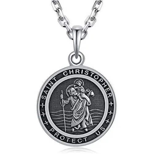 VENICEBEE Saint Christopher Medal Solid 925 Sterling Silver Pendant Necklace with Chain Black Pouch Polishing Cloth Gift Box