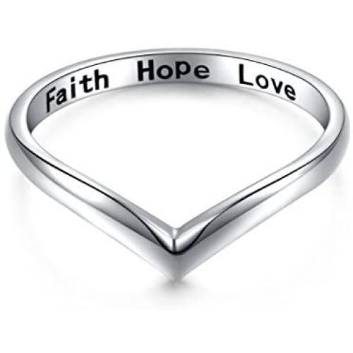 Sterling Silver Jewelry Faith Hope Love Beads Chevron Thumb Ring V Shape Ring (Size 6,7,8,9,10)