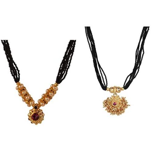 Efulgenz Mangalsutra Indian Gold Plated Multistrand Black Beaded Pearl Pendant Wedding Choker Necklace Jewelry