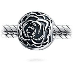 Bloom Floral Rose Barrel Spacer Stopper Bead Charm For Women Oxidized .925 Sterling Silver Snap Clasp Fits European Bracelet