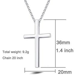 Carleen White Gold Plated High Polished Solid 925 Sterling Silver Large Mens Cross Crucifix Pendant Necklace Chain Jewelry For Men Boys, With 20 Inch Strong Durable Solid Silver Rolo Chains Lobster Clasp