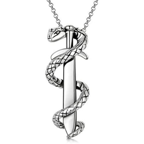 ROMANTIC WORK Snake Necklace for Men Sterling Silver Animal Sword Pendant Necklace Gothic Jewelry Birthday Gift for Boyfriend