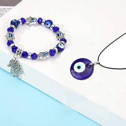 RUIZHEN 2 Pcs Blue Beads Evil Eyes Bracelet Hamsa Hand of Fatima Bracelet Glass Charm Evil Eye Leather Cord Necklace Protection Jewelry Set