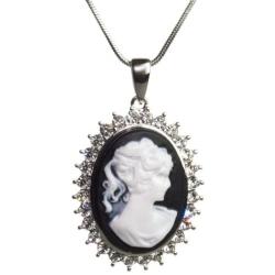 PammyJ Silvertone Black and White Cameo Lady Necklace, 18 inches