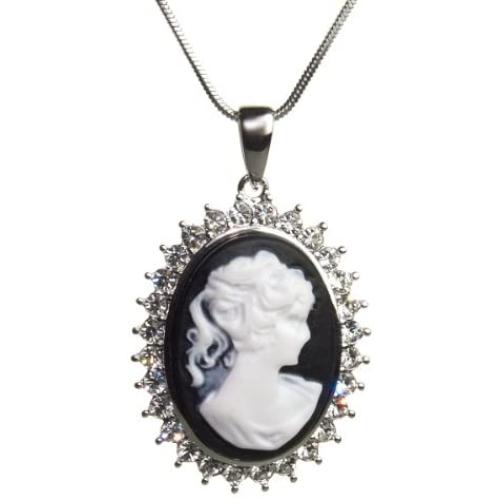 PammyJ Silvertone Black and White Cameo Lady Necklace, 18 inches
