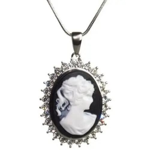 PammyJ Silvertone Black and White Cameo Lady Necklace, 18 inches