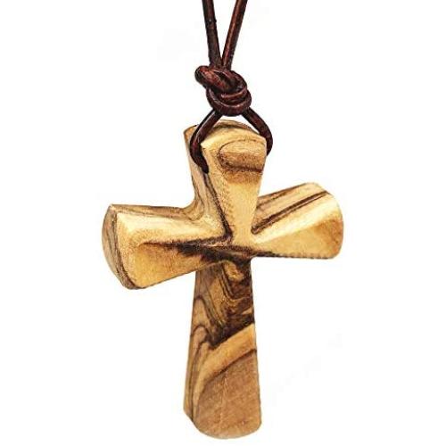 Hand Carved Tapered Wooden Cross Necklace for Men & Women on Adjustable Long Leather Cord - Available in Black or Brown - Wood Cross Pendant Gift for All Ages
