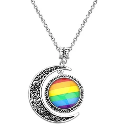 BEKECH Gay Pride Rainbow Necklace Crescent Moon Charm Rainbow Pendant Necklace Gay & Lesbian LGBT Pride Gifts Rainbow Jewelry LGBT Jewelry Lesbian Gift