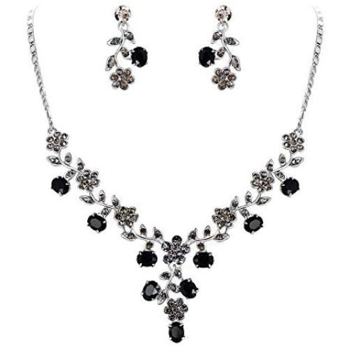 EVER FAITH Flower Leaf Necklace Earrings Set Austrian Crystal