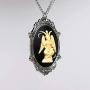 Real Metal Sitting Satanic Baphomet Cameo in Silver Finish Frame Necklace Pendant Ivory on Black