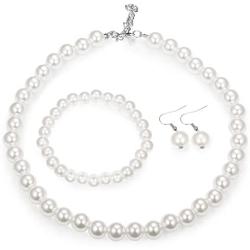 Finrezio Faux Pearl Crystal Necklace Earring Bracelet Set for Women Wedding Bridal Jewelry