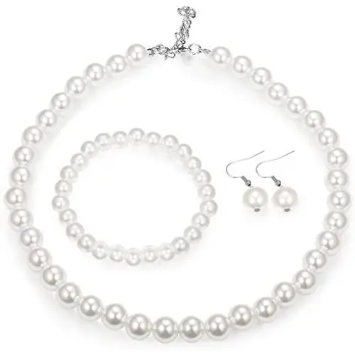 Finrezio Faux Pearl Crystal Necklace Earring Bracelet Set for Women Wedding Bridal Jewelry Finrezio Faux Pearl Crystal Necklace Earring Bracelet Set for Women Wedding Bridal Jewelry