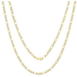 Nuragold 14k Yellow Gold Solid 4mm Figaro Chain Link Diamond Cut Pave Two Tone Pendant Necklace, Mens Womens Lobster Lock 16'' 18'' 20'' 22'' 24'' 26'' 28'' 30''