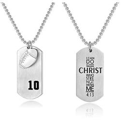 VI.SPORT Bible Verse Football Player Number 10 Necklace Dog Tag Pendant Religious Philippians 4:13 I Can Do All Things Jewelry