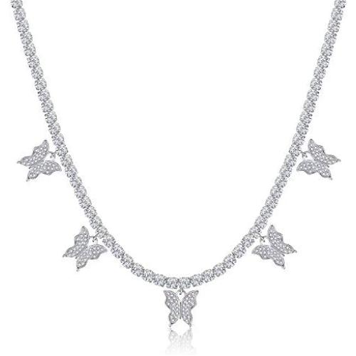 KissYan Butterfly Tennis Chain Necklace , 18K White Gold Plated Diamond Butterfly Tennis Choker Bling Iced CZ Butterfly Necklace Silver Gift for Women Girl