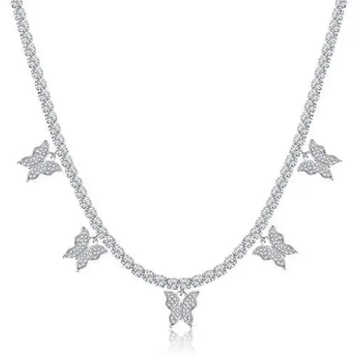 KissYan Butterfly Tennis Chain Necklace , 18K White Gold Plated Diamond Butterfly Tennis Choker Bling Iced CZ Butterfly Necklace Silver Gift for Women Girl KissYan Butterfly Tennis Chain Necklace , 18K White Gold Plated Diamond Butterfly Tennis Choker Bling Iced CZ Butterfly Necklace Silver Gift for Women Girl