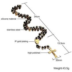 Christian Catholic Black Silver Stainless Steel Beads Crucifix Religious Long Rosary Necklace