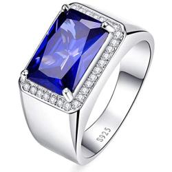 BONLAVIE Mens Halo Engagement Rings 7.0ct Radiant Cut Created Blue Sapphire Solid 925 Sterling Silver Eternity Wedding Band Size 5-14