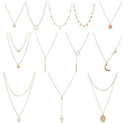 Dremcoue 12 Pcs Layered Choker Necklace for Women Girls Handmade Dainty Chain Necklace Set Pearl Coin Circle Bar Moon CZ Star Pendant Necklace
