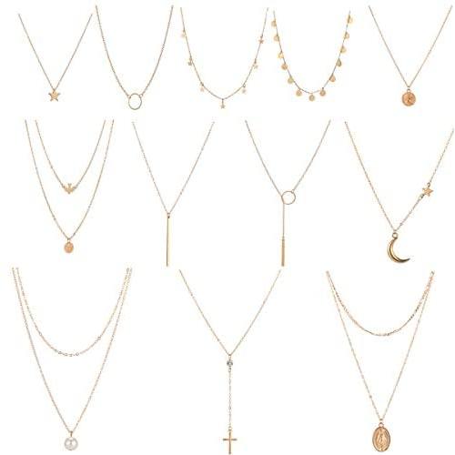 Dremcoue 12 Pcs Layered Choker Necklace for Women Girls Handmade Dainty Chain Necklace Set Pearl Coin Circle Bar Moon CZ Star Pendant Necklace
