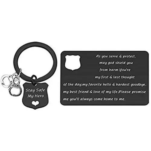 AKTAP Police Officer Badge Jewelry Thin Blue Line Police Wife Mom Keychain Police Officer Wallet Card Deputy Wife Girlfriend Jewelry Set Engraved Wallet Inserts for Him