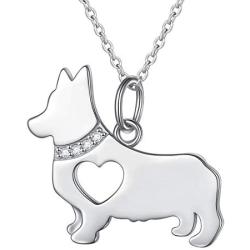 FLYOW 925 Sterling Silver Hollow Heart Husky Corgi Dog Pendant Necklace Jewelry for Women Girls Birthday Gift, 18''