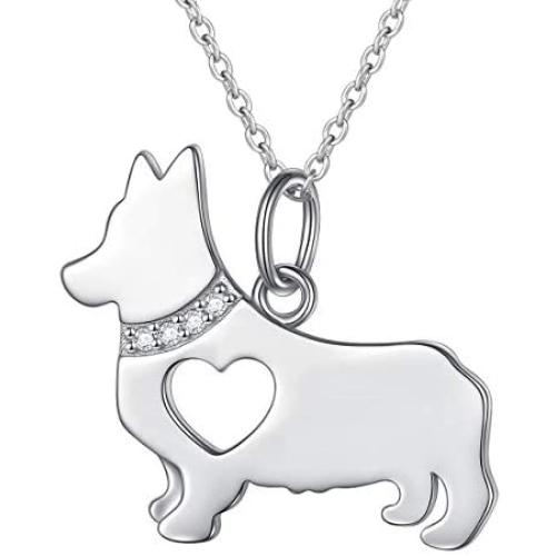 FLYOW 925 Sterling Silver Hollow Heart Husky Corgi Dog Pendant Necklace Jewelry for Women Girls Birthday Gift, 18''