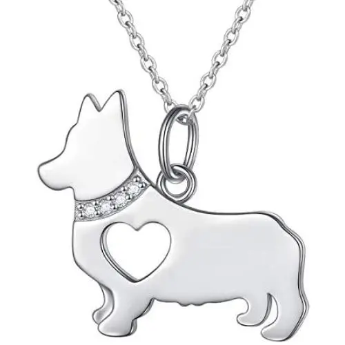 FLYOW 925 Sterling Silver Hollow Heart Husky Corgi Dog Pendant Necklace Jewelry for Women Girls Birthday Gift, 18''