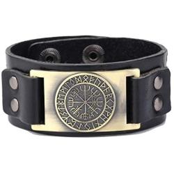 My Shape Vintage Punk Scandinavian 24 Norse Runes Charm Adjustable Wristband Cuff Leather Bracelet Mans Jewelry (Antique Gold,Black)