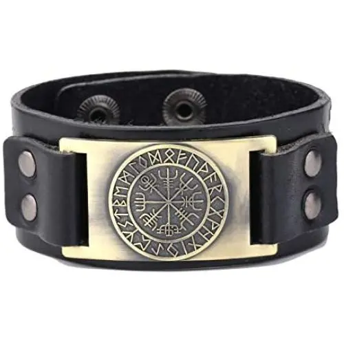 My Shape Vintage Punk Scandinavian 24 Norse Runes Charm Adjustable Wristband Cuff Leather Bracelet Mans Jewelry (Antique Gold,Black)