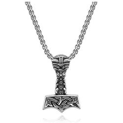 Jovivi Mens Stainless Steel Viking Norse Celtic Knot Mjolnir Thors Hammer Pendant Necklace 24'' Chain with Gift Box,Silver Black