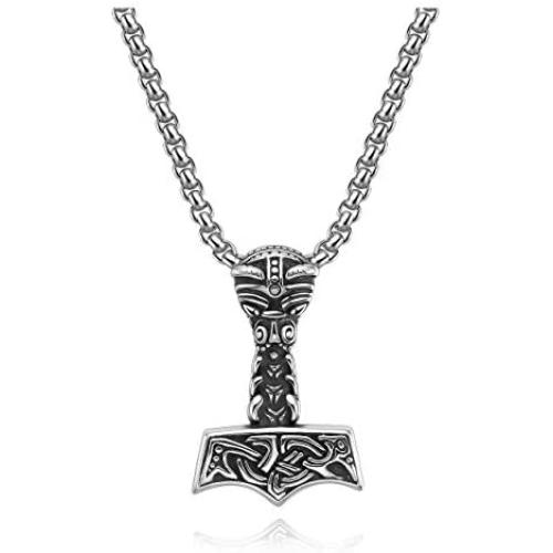 Jovivi Mens Stainless Steel Viking Norse Celtic Knot Mjolnir Thors Hammer Pendant Necklace 24'' Chain with Gift Box,Silver Black
