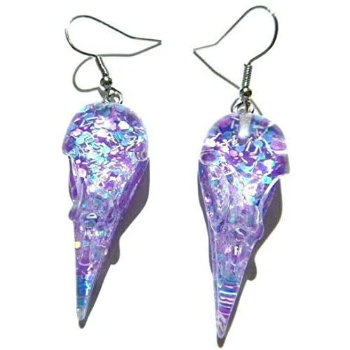 Lightweight Bird Skull Earrings Purple Glitter Confetti Acrylic Raven Crow Head Stainless Steel Ear Hooks Pastel Goth