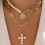 Haloty Boho Layered Corss Pendant Necklace Gold Pearl Necklaces Chain Fashion Coin Necklaces Jewelry for Women and Girls