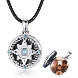 Locket Necklace That Hold Photos, 925 Sterling Silver Compass Locket with Genuine Moonstone, Engraving ''Always in my heart'' Locket Pendant Necklace, Inspirational Compass Jewelry Mother Day Birthday Gift for Women Teens Daughter with Gift Box