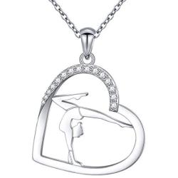 S925 Sterling Silver Gymnastics Sport Love Heart Charm Pendant Necklace Inspirational Jewelry Gifts for Women，Gymnasts, Coaches