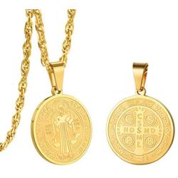 PROSTEEL Stainless Steel Saint Benedict Medal Necklace, Protection Jewelry for Men Women, 18K Real Gold Plated, 22inch-24inch Adjustable, Come Gift Box