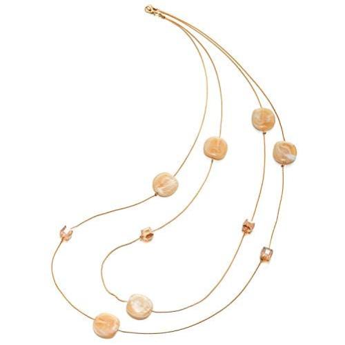 COOLSTEELANDBEYOND Elegant Gold Statement Necklace Two-Strand Long Chain with Blue Cube Crystal Beads and Circle Charms