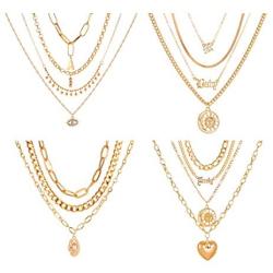 4PCS Gold Dainty Link Layered Chain Necklace Set Boho Choker with Lock,Coin,Evil Eye,Moon & Star,Compass Pendant Initial Necklaces Chunky Curb Link Paperclip Jewelry for Gift