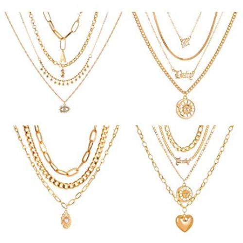 4PCS Gold Dainty Link Layered Chain Necklace Set Boho Choker with Lock,Coin,Evil Eye,Moon & Star,Compass Pendant Initial Necklaces Chunky Curb Link Paperclip Jewelry for Gift 4PCS Gold Dainty Link Layered Chain Necklace Set Boho Choker with Lock,Coin,Evil Eye,Moon & Star,Compass Pendant Initial Necklaces Chunky Curb Link Paperclip Jewelry for Gift
