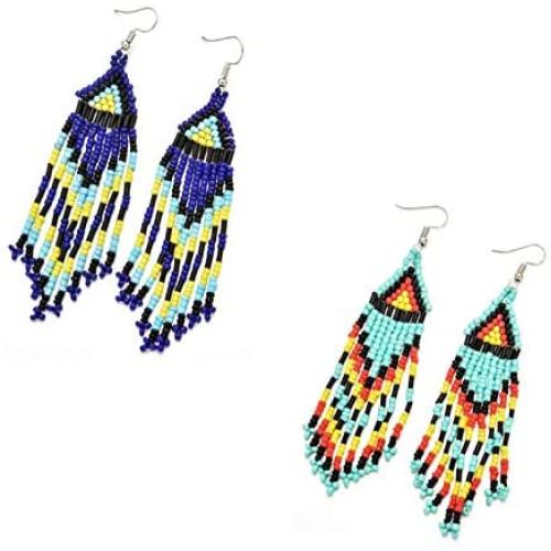 Handmade Beaded Tassel Statement Earrings Lightweight Bohemian Beads Fringe Dangle Earrings Colorful Boho Seed Beads Tassel Drop Earring for Women Girl Valentines-day Jewelry