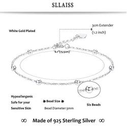 Sllaiss 925 Sterling Silver Bead Chain Bracelets for Women Girls Adjustable Bracelet White Gold Plated Dainty Minimal Bead Chain Jewelry 6”