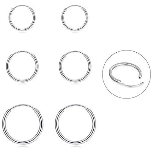 Silver Hoop Earrings- Cartilage Earring Endless Small Hoop Earrings Set for Women Men Girls,3 Pairs of Hypoallergenic 925 Sterling Silver Tragus Earrings Nose Lip Rings (8mm/10mm/12mm)