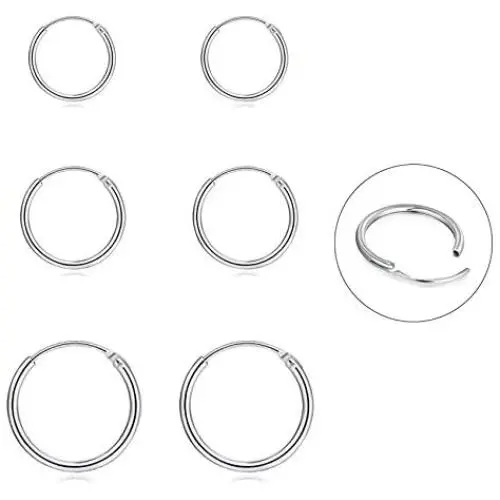 Silver Hoop Earrings- Cartilage Earring Endless Small Hoop Earrings Set for Women Men Girls,3 Pairs of Hypoallergenic 925 Sterling Silver Tragus Earrings Nose Lip Rings (8mm/10mm/12mm)