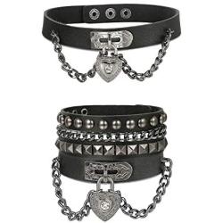 Finrezio Unisex Punk Rock Leather Bracelet and Heart Choker Collar Necklace Set for Women Men 3PCS
