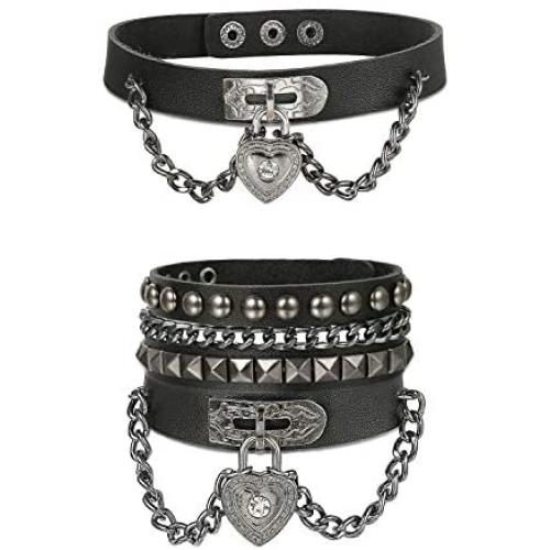 Finrezio Unisex Punk Rock Leather Bracelet and Heart Choker Collar Necklace Set for Women Men 3PCS
